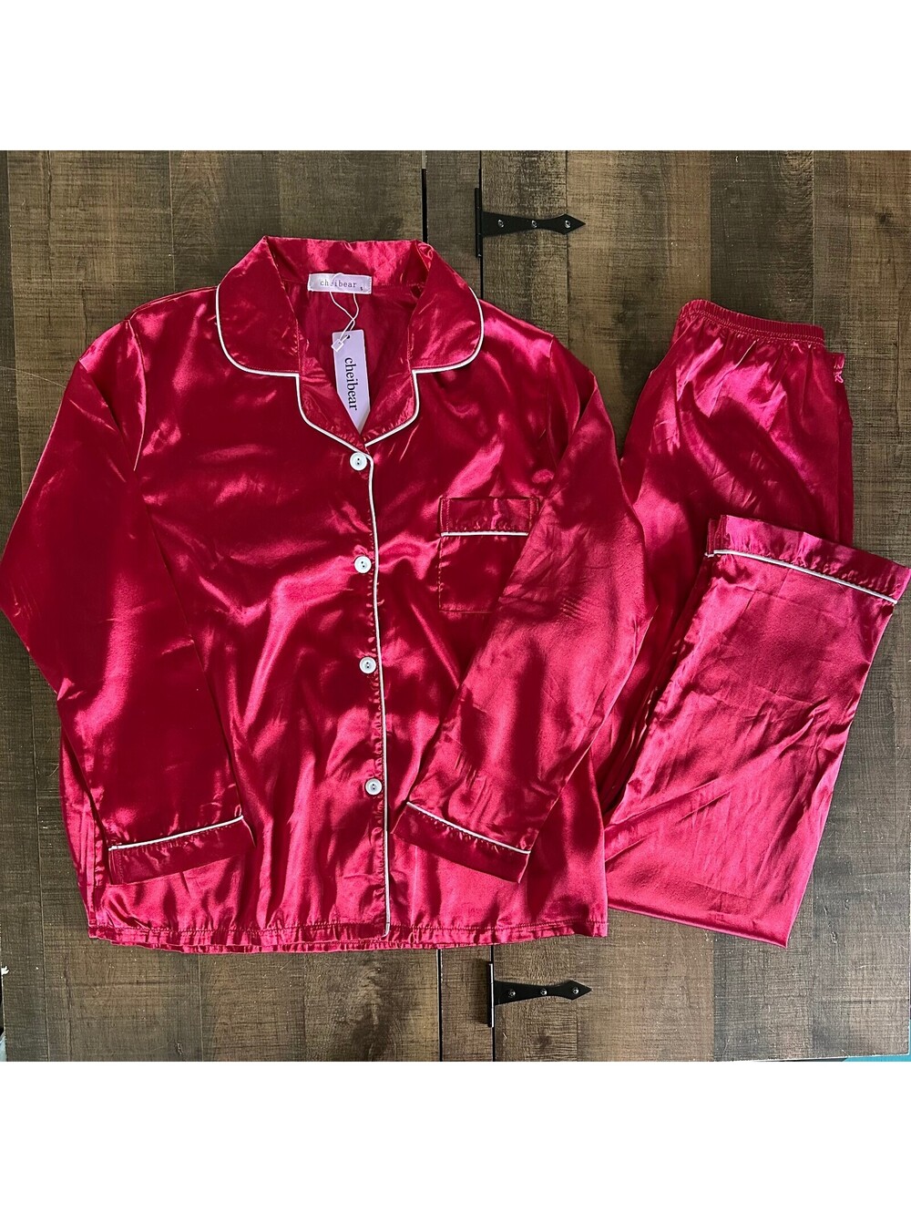 Cheibear Women's Red Satin Pajama Set Size S with White Piping